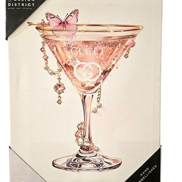 Design District Hand Embellushed Gucci Martini Butterfly Glass Canvas Wall Decor - Picture 2 of 6